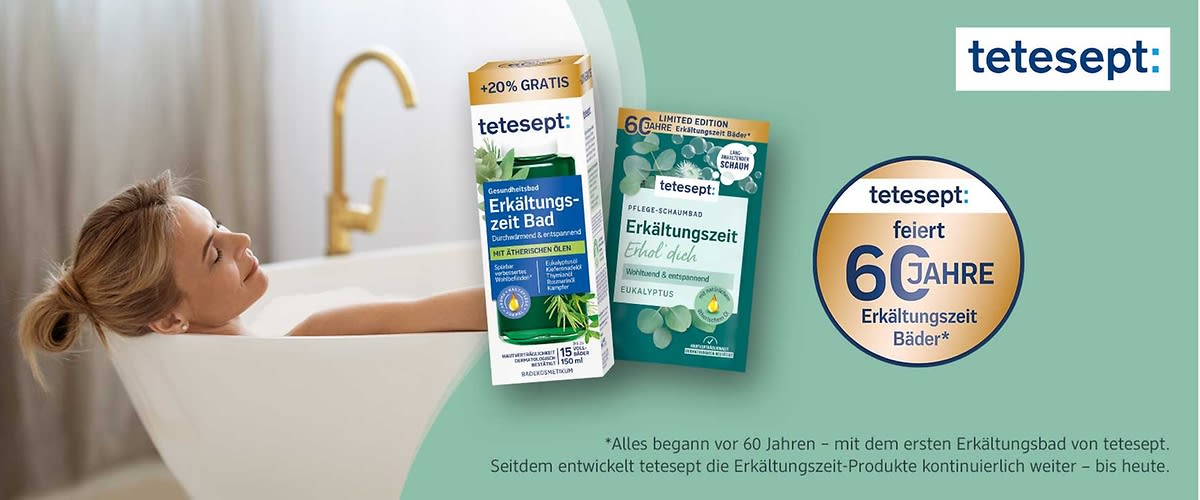 zwei Tetesept Erkältungszeit-Bad Verpackungen nebeneinander, rechts ein runder goldblauer Button mit Text „tetesept: feiert 60 Jahre Erkältungszeit Bäder“, oben rechts Tetesept-Logo und kleiner erläuternder Text zu 60 Jahren unter den Produkten