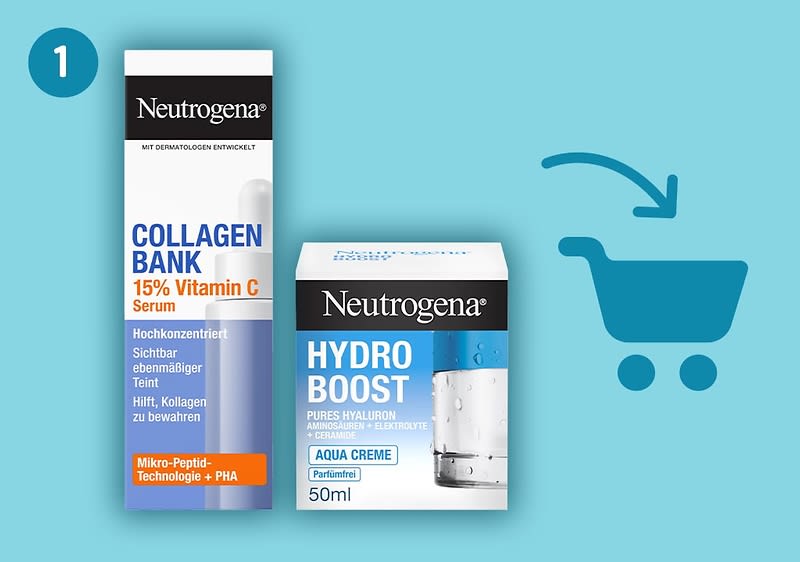 Zwei Neutrogena-Produktverpackungen auf hellblauem Hintergrund: links hohe Box „Collagen Bank 15% Vitamin C Serum“ mit Hinweis „Mikro-Peptid-Technologie + PHA“, rechts quadratische Dose „Hydro Boost Aqua Creme 50 ml“ mit Aufschrift „Pures Hyaluron“ und Warenkorb-Symbol rechts oben