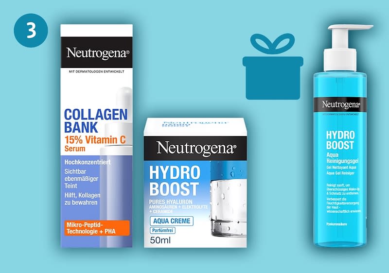 Drei Neutrogena-Produkte vor türkisfarbenem Hintergrund: links eine weiße und violette Verpackung mit der Aufschrift „COLLAGEN BANK 15% Vitamin C Serum“, Mitte eine weiße und blaue Dose mit Aufschrift „Neutrogena HYDRO BOOST AQUA CREME 50 ml“, rechts eine transparente Pumpflasche mit blauem Gel und Etikett „Neutrogena HYDRO BOOST“