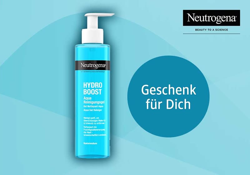 Neutrogena Hydro Boost Reinigungsgel in blauer Pumpflasche links, rechts kreisförmiger blauer Aufdruck mit weißer Schrift „Geschenk für Dich“, oben rechts Neutrogena-Logo