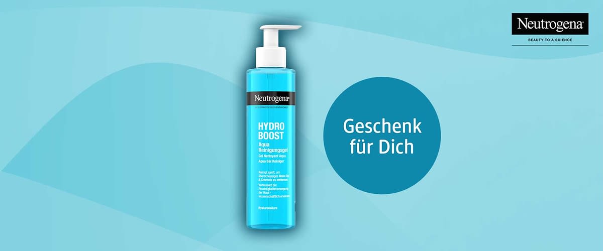 Neutrogena Hydro Boost Reinigungsgel in blauer Pumpflasche links, rechts kreisförmiger blauer Aufdruck mit weißer Schrift „Geschenk für Dich“, oben rechts Neutrogena-Logo