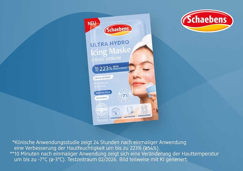 Schaebens Ultra Hydro Icing Maske Cryo-Serum Verpackung in Blau mit Bild einer Frau, Markenlogo oben rechts und Hinweistexten zur Feuchtigkeitssteigerung und -7 °C Cryo-Effekt