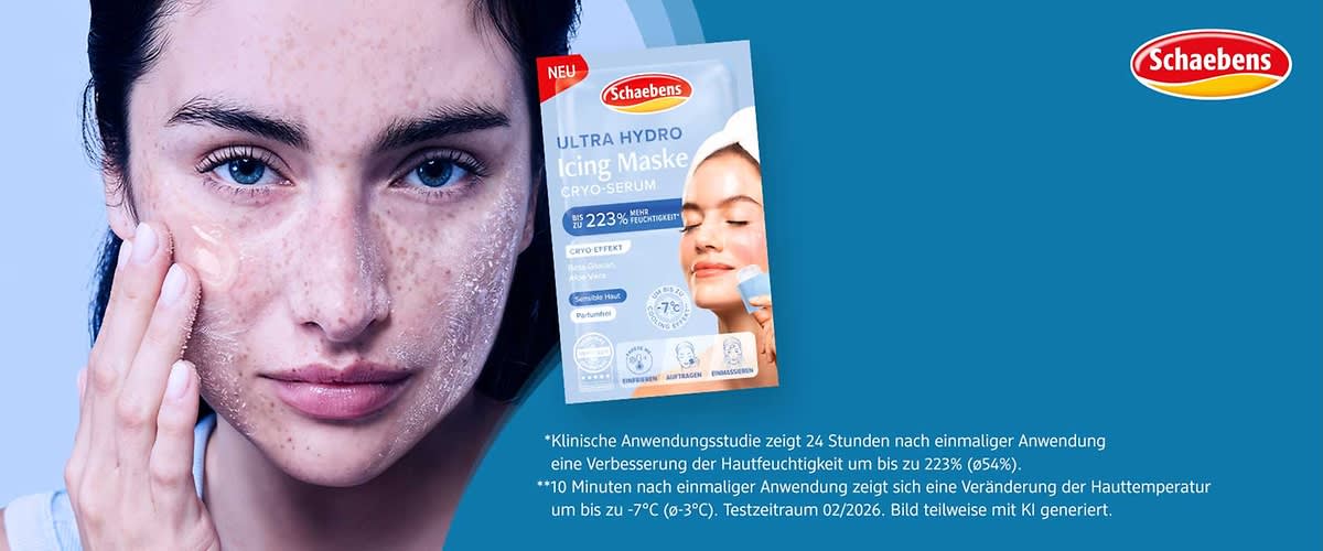 Schaebens Ultra Hydro Icing Maske Cryo-Serum Verpackung in Blau mit Bild einer Frau, Markenlogo oben rechts und Hinweistexten zur Feuchtigkeitssteigerung und -7 °C Cryo-Effekt