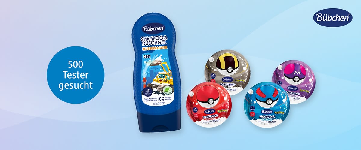 Bübchen Shampoo & Duschgel Flubberbarger in blauer Flasche mittig, darum fünf runde Schaumbad-Päckchen mit Pokémon-Motiven, links oben blauer Kreis mit weißer Aufschrift „500 Tester gesucht“, rechts oben Bübchen-Logo