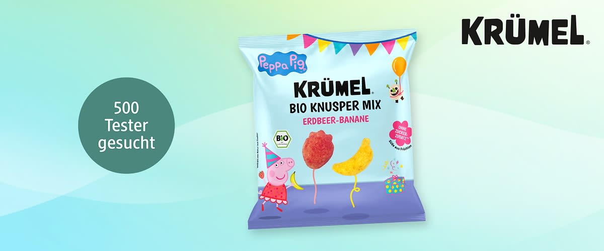 Tüte Krümel Bio Knusper Mix Erdbeer-Banane mit Peppa Pig-Motiv, daneben grüner Kreis mit Text „500 Tester gesucht“ und schwarzes Krümel-Logo oben rechts