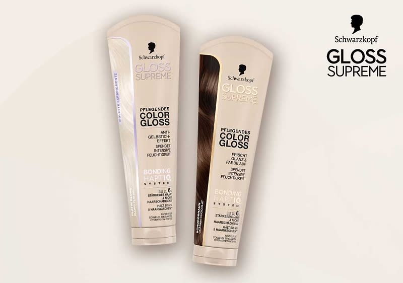 Zwei beige Schwarzkopf Gloss Supreme Pflegende Color Gloss Tuben nebeneinander, gut lesbare Aufschrift „Pflegendes Color Gloss“ und „Bonding Haptic System“, rechts oben Schwarzkopf-Logo mit Schriftzug „GLOSS SUPREME“