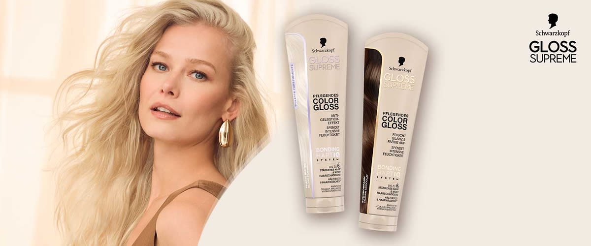 Zwei beige Schwarzkopf Gloss Supreme Pflegende Color Gloss Tuben nebeneinander, gut lesbare Aufschrift „Pflegendes Color Gloss“ und „Bonding Haptic System“, rechts oben Schwarzkopf-Logo mit Schriftzug „GLOSS SUPREME“