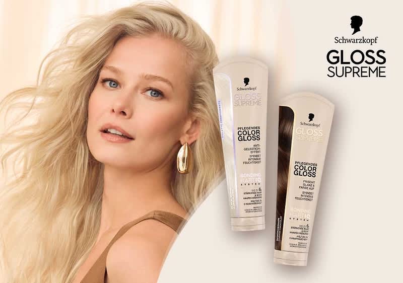 Porträt einer blonden Frau mit langen, welligen Haaren links und rechts zwei aufrechte Tuben der Marke Schwarzkopf mit der Aufschrift „Gloss Supreme“ und „Pflegender Color Gloss“ samt Schwarzkopf-Logo