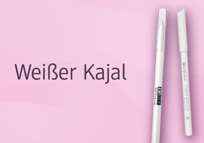 Auf rosa Hintergrund zwei weiße Kajalstifte rechts und die schwarz gedruckte Aufschrift „Weißer Kajal“ links