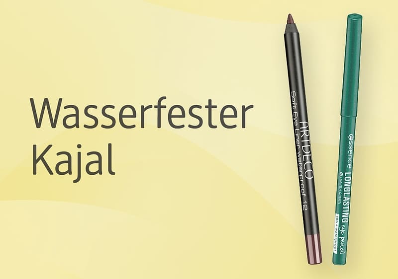 Gelber Hintergrund mit dem Text „Wasserfester Kajal“ links und zwei Kajalstiften rechts, ein schwarzer Stift mit brauner Mine der Marke Artdeco und ein grüner Stift der Marke Essence mit aufgedrucktem Schriftzug „LONG LASTING water proof“