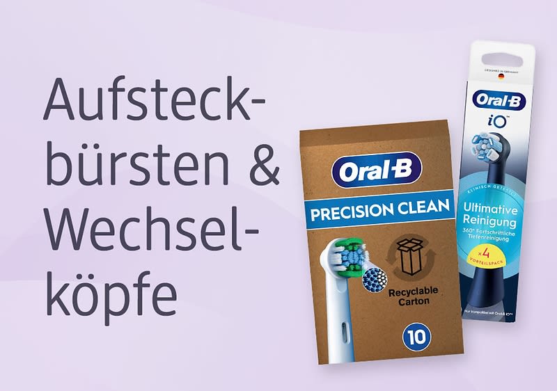 Eine braune Verpackung von Oral-B Precision Clean Aufsteckbürsten mit der Aufschrift „Recyclable Carton“ und einer blauen Verpackung von Oral-B iO Wechselköpfen mit der Aufschrift „Ultimative Reinigung“. Links daneben steht der Text „Aufsteckbürsten & Wechselköpfe“