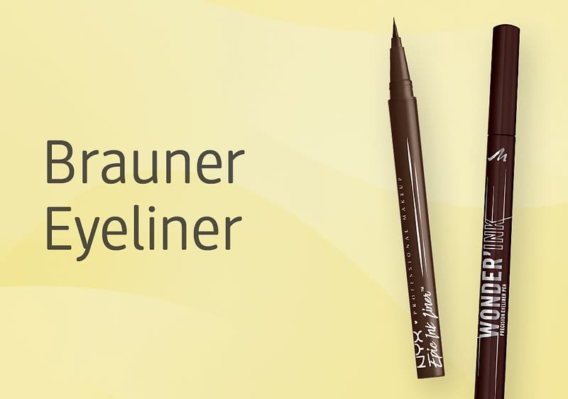 Zwei braune Eyelinerstifte nebeneinander auf hellgelbem Hintergrund, links Text „Brauner Eyeliner“ und rechts gut lesbare Aufschriften auf den Stiften „NYX“ und „WONDER“