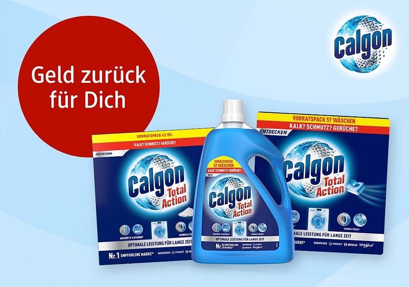 Bubble „Geld zurück für Dich“ mit Calgon Total Action Wasserenthärter Tabs, Pulver und Gel sowie Waschmittel