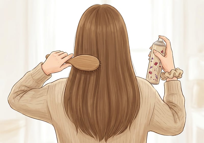 Illustration einer Frau von hinten, die langes braunes Haar mit einer Bürste kämmt und in der anderen Hand ein Haarspray in einer hellen Dose mit floralem Muster hält