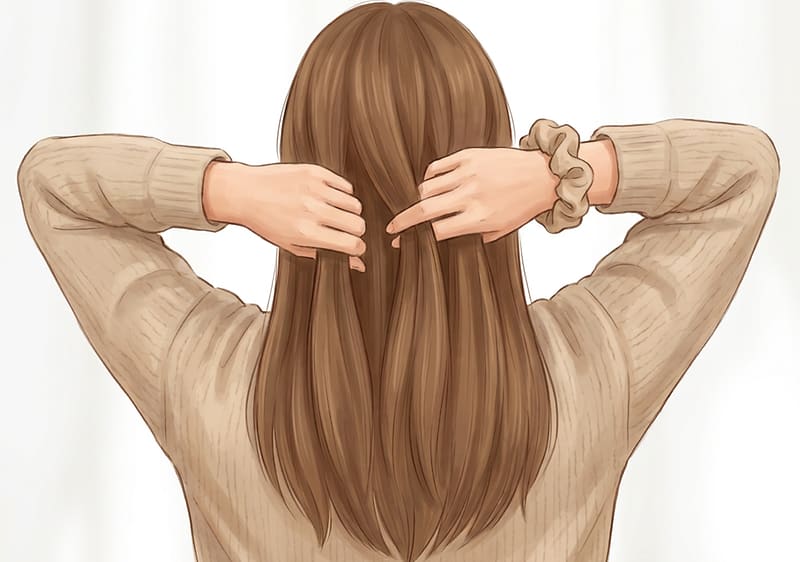 Illustration einer Person von hinten, die langes braunes Haar mit beiden Händen zusammenfasst, an einem Handgelenk ein helles Haargummi sichtbar, Person trägt beigefarbenen Pullover
