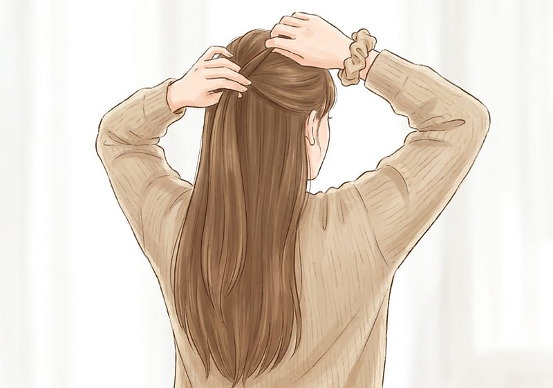 Illustration einer Frau von hinten, die langes braunes Haar zu abteilt und ein helles Strickoberteil trägt