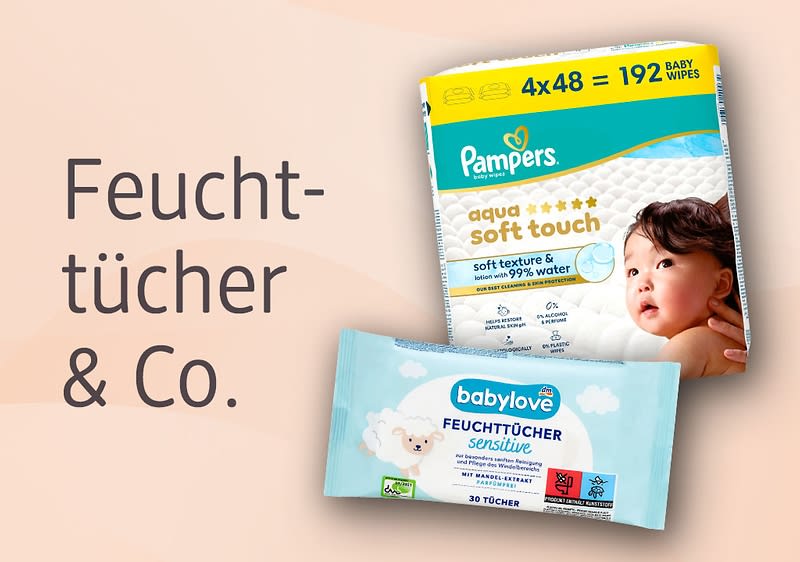 Eine Packung Pampers Aqua Soft Touch Feuchttücher mit der Aufschrift „4x48 = 192 Baby Wipes“ und eine Packung babylove Feuchttücher sensitive mit der Aufschrift „30 Stück“ vor einem Hintergrund mit dem Text „Feuchttücher & Co“
