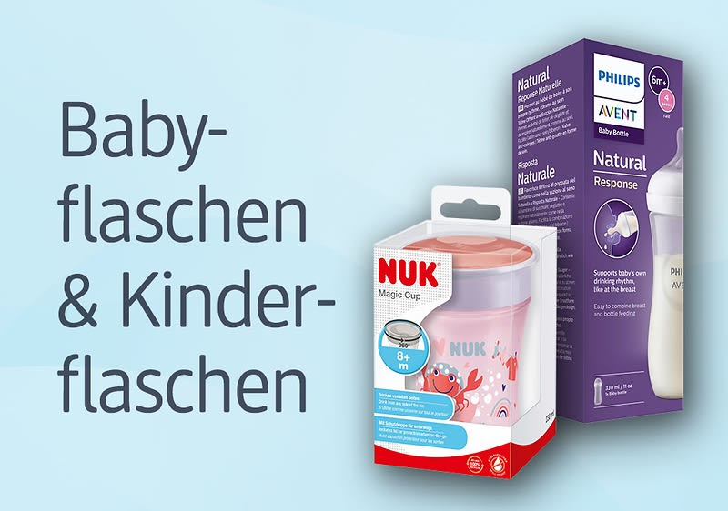 Verpackungen von Babyflaschen: Links eine NUK Magic Cup mit buntem Design, rechts eine Philips Avent Natural Response Flasche in lila Verpackung. Text: „Babyflaschen & Kinderflaschen“
