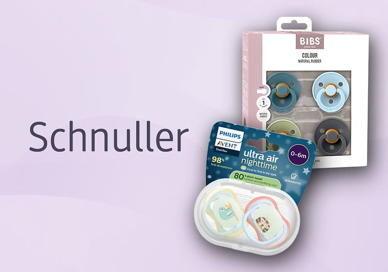 Eine Verpackung mit vier BIBS-Schnullern in verschiedenen Farben und eine Verpackung mit zwei Philips Avent ultra air nighttime Schnullern für 0-6 Monate. Links daneben steht der Text Schnuller