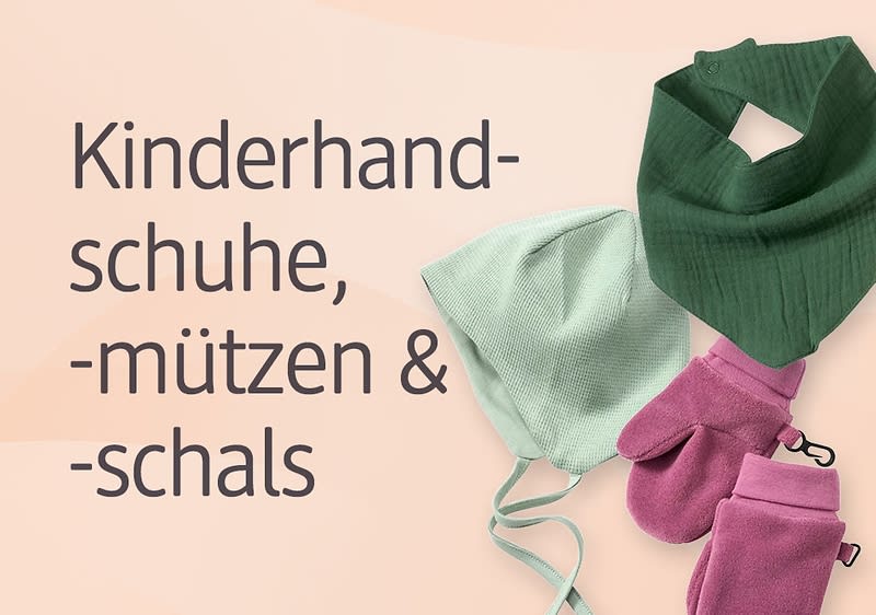 Kinderhandschuhe, -mützen und -schals in Rosa und Grün auf beigem Hintergrund mit Text