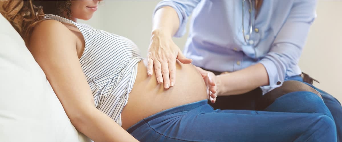 Hebamme tastet den Bauch einer schwangeren Frau mit beiden Händen ab.