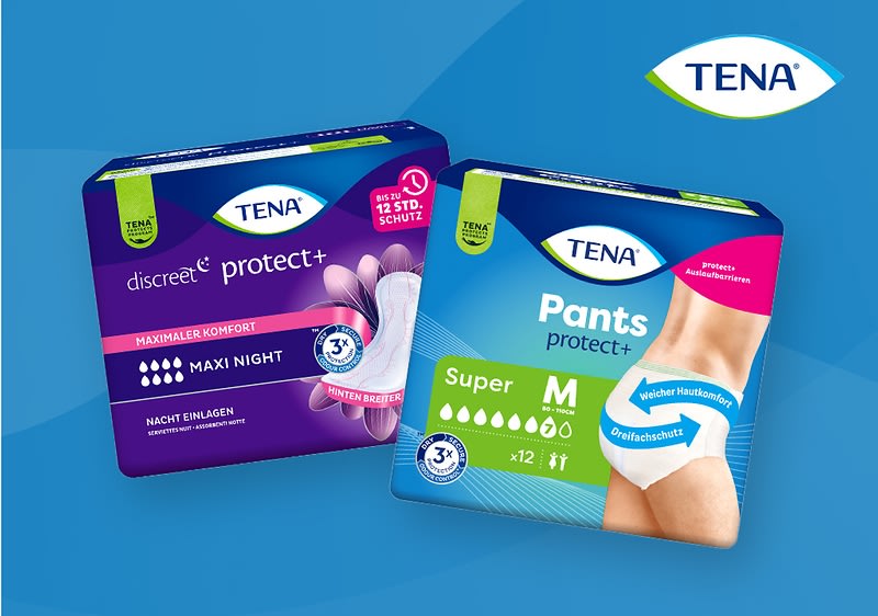 Zwei Produktverpackungen von TENA. Links eine lila Verpackung mit der Aufschrift „TENA Discreet Protect+ Maxi Night“. Rechts eine blaue Verpackung mit der Aufschrift „TENA Pants Protect+ Super M“.