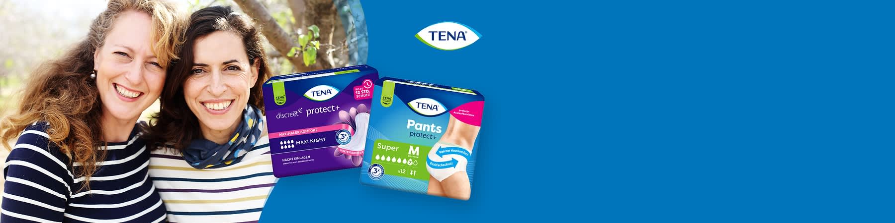Zwei Produktverpackungen von TENA. Links eine lila Verpackung mit der Aufschrift „TENA Discreet Protect+ Maxi Night“. Rechts eine blaue Verpackung mit der Aufschrift „TENA Pants Protect+ Super M“.