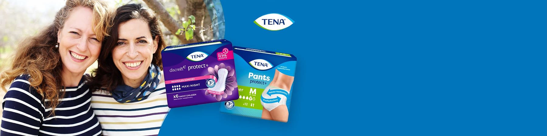 Zwei TENA-Produkte auf blauem Hintergrund: links Packung „discreet protect+ Maxi Night“ mit Abbildung einer Einlage, rechts Packung „Pants protect+“ Größe M mit Abbildung einer Frau in weißen Pants und TENA-Logo oben rechts