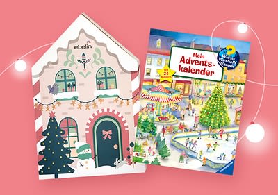 Eine Illustration zeigt ein rosa Haus mit Schneeflocken und einem grünen Tannenbaum, auf dem Dach steht ebelin und ein Rentier ist abgebildet, daneben befindet sich ein buntes Buch mit dem Titel Mein Adventskalender und einem Bild von Menschen, die fröhlich auf einem Weihnachtsmarkt mit einem großen geschmückten Weihnachtsbaum und einer Eislaufbahn sind, oben rechts ist ein blauer Kreis mit der Aufschrift Wimmelbuch-Spaß und 24 Bücher zu sehen.