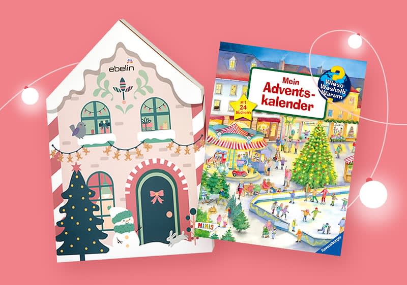 Eine Illustration zeigt ein rosa Haus mit Schneeflocken und einem grünen Tannenbaum, auf dem Dach steht ebelin und ein Rentier ist abgebildet, daneben befindet sich ein buntes Buch mit dem Titel Mein Adventskalender und einem Bild von Menschen, die fröhlich auf einem Weihnachtsmarkt mit einem großen geschmückten Weihnachtsbaum und einer Eislaufbahn sind, oben rechts ist ein blauer Kreis mit der Aufschrift Wimmelbuch-Spaß und 24 Bücher zu sehen.