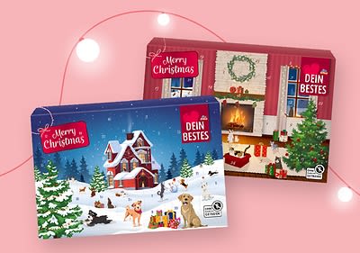 Zwei Adventskalender der Marke Dein Bestes für Haustiere sind abgebildet, der linke Kalender zeigt eine verschneite Landschaft mit einem roten Haus, einem Hund und Geschenken, der rechte Kalender zeigt ein Wohnzimmer mit Kamin, Weihnachtsbaum und einem Hund, beide Kalender tragen den Schriftzug Merry Christmas und das Logo des Tierschutzbundes ist auf beiden Verpackungen sichtbar.