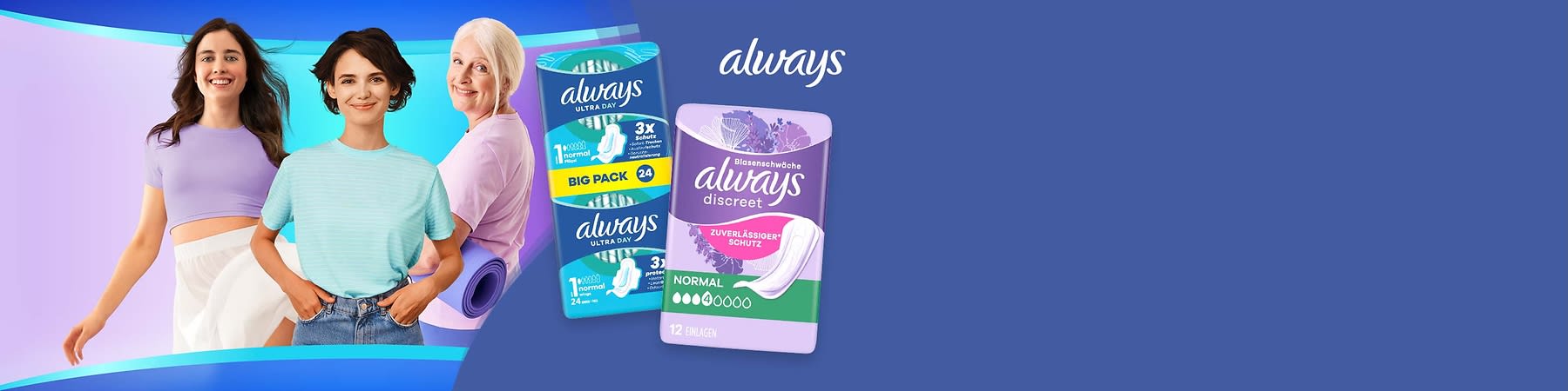 Always Damenhygieneprodukte auf blauem Hintergrund