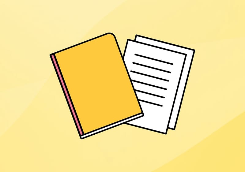 Illustration eines gelben Notizbuchs mit rotem Buchrücken und zwei weißen, linienbeschriebenen Blättern auf gelbem Hintergrund