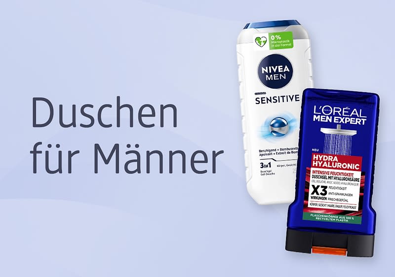 Zwei Duschgel-Flaschen für Männer. Links eine weiße Nivea Men Sensitive Flasche mit blauer Aufschrift und einem blauen Auge. Rechts eine blaue L'Oréal Men Expert Hydra Hyaluronic Flasche mit rotem und weißem Text. Daneben der Schriftzug „Duschen für Männer“ auf hellblauem Hintergrund.