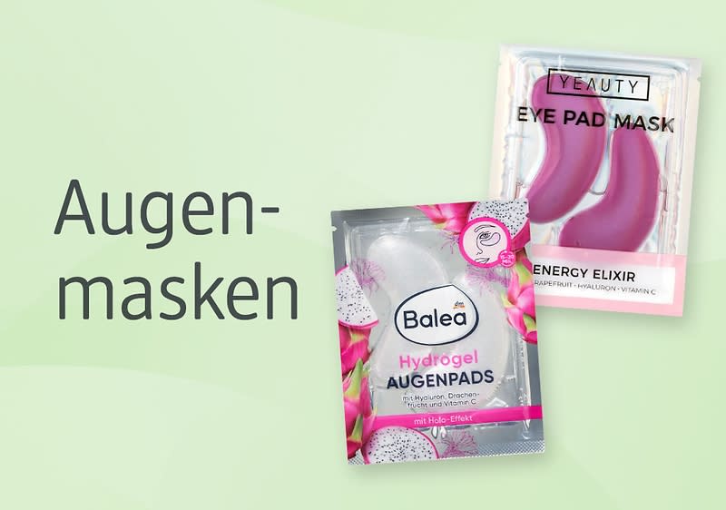 Zwei Augenmasken-Verpackungen vor hellgrünem Hintergrund; links unten ein silber-glänzendes Balea Hydrogel Augenpads Täschchen mit rosa Blumenmotiv und Text „Balea Hydrogel AUGENPADS“, rechts oben eine transparente Folienpackung mit zwei rosa Gel-Augenpads und Text „EYE PAD MASK“ und „ENERGY ELIXIR“, links daneben groß der Titel „Augenmasken“