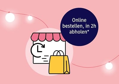 Illustration eines Ladensymbols mit einem gelben Einkaufstasche und dem Text „Online bestellen, in 2h abholen“ auf einem dunkelblauen Kreis