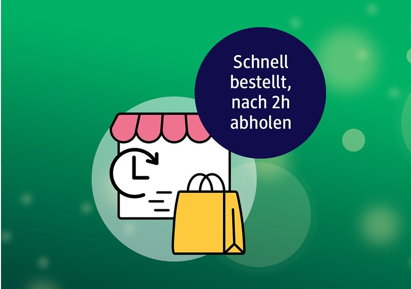Illustration eines Ladensymbols mit einem gelben Einkaufstasche und dem Text „Online bestellen, in 2h abholen“ auf einem dunkelblauen Kreis