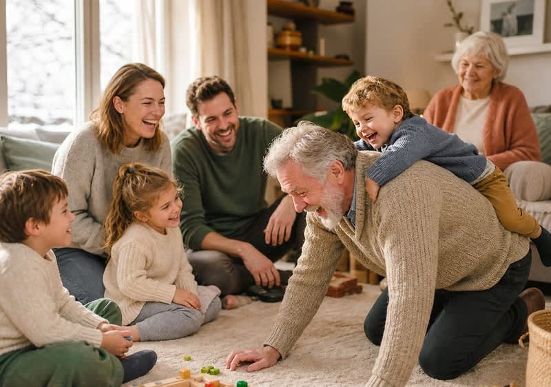 Mehrere generationen einer familie sitzen und knien in gemütlichem wohnzimmer; ein älterer mann kniet vorn auf dem teppich, mehrere kinder und erwachsene um ihn herum spielen mit holzspielzeug auf dem boden