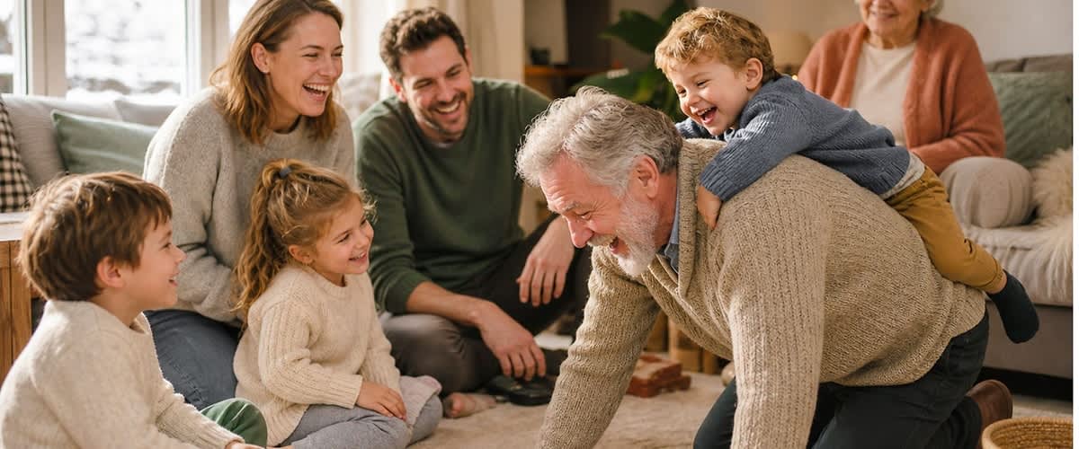 Mehrere generationen einer familie sitzen und knien in gemütlichem wohnzimmer; ein älterer mann kniet vorn auf dem teppich, mehrere kinder und erwachsene um ihn herum spielen mit holzspielzeug auf dem boden