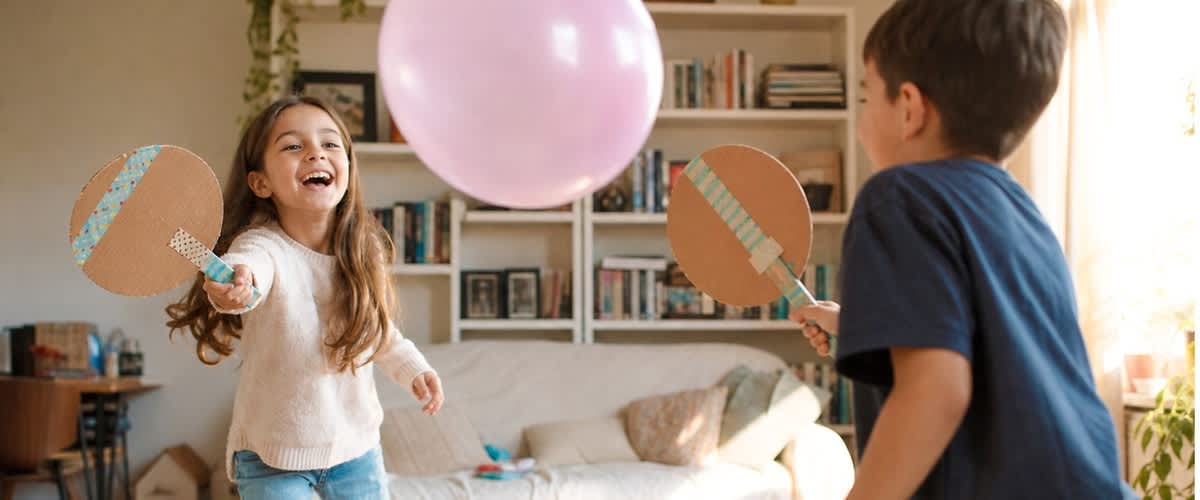 Zwei Kinder in einem Wohnzimmer schlagen mit selbstgebastelten Paddeln aus Karton einen großen rosa Ball hin und her