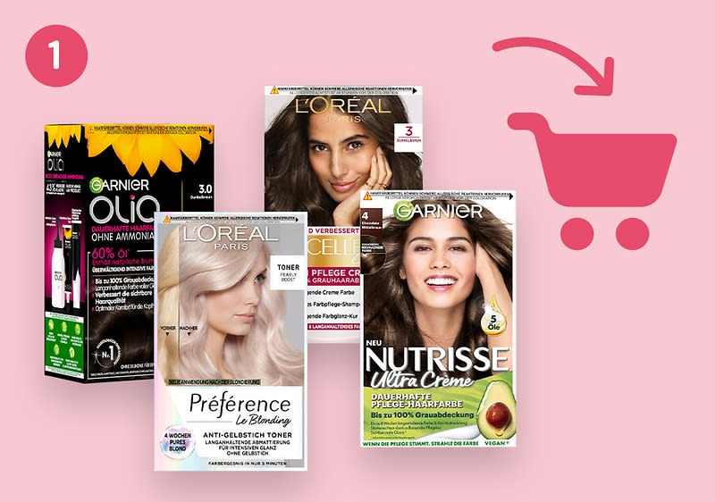 Vier Haarfärbemittel-Packungen auf einem rosa Hintergrund mit einem Einkaufswagen-Symbol, links oben Garnier Olia mit der Aufschrift Ohne Ammoniak und 100% Grauabdeckung, daneben L'Oréal Préférence mit Anti-Gelbstich Toner, rechts oben L'Oréal Excellence mit Pflege-Creme und 3 Pflege-Schritte, rechts unten Garnier Nutrisse Ultra Crème mit Bis zu 100% Grauabdeckung und einem Avocado-Bild, die Gesichter der abgebildeten Frauen sind unscharf.