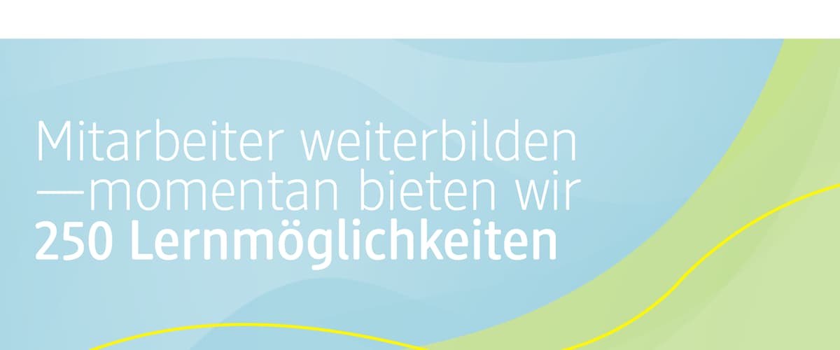 Ein hellblauer Hintergrund mit einem gelben und einem grünen geschwungenen Streifen, darauf steht in weißer Schrift: Mitarbeiter weiterbilden — momentan bieten wir 250 Lernmöglichkeiten