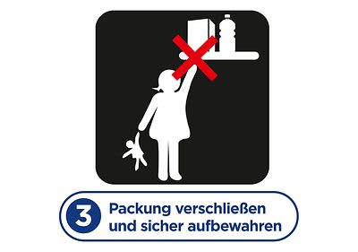 Verschließe die Verpackung und bewahre sie sicher dort auf, wo Kinder sie nicht erreichen können.