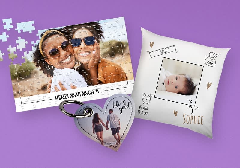 Puzzle, Schlüsselanhänger, Kissen mit Fotos
