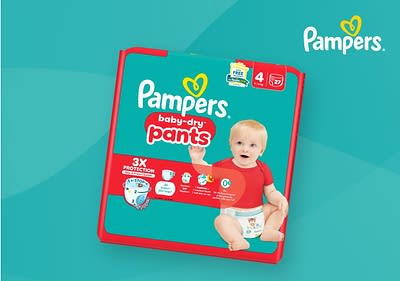Pampers-Packung mit Baby und Logo