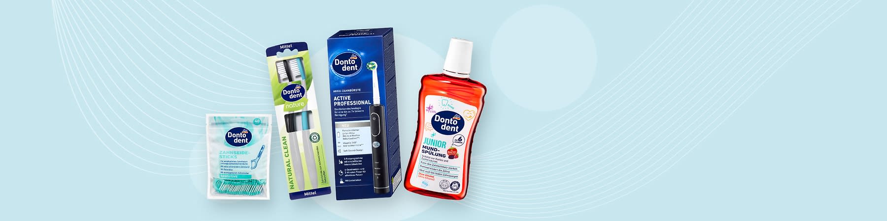 Eine Collage aus Dontodent-Produkten: links Zahnbürsten-Sticks in einer weißen Verpackung mit blauem Logo, daneben eine grüne Zahnbürste mit der Aufschrift „Natural Clean“, in der Mitte eine blaue Verpackung mit elektrischer Zahnbürste und der Aufschrift „Active Professional“, rechts eine orange Mundspülung mit der Aufschrift „Junior Mundspülung“