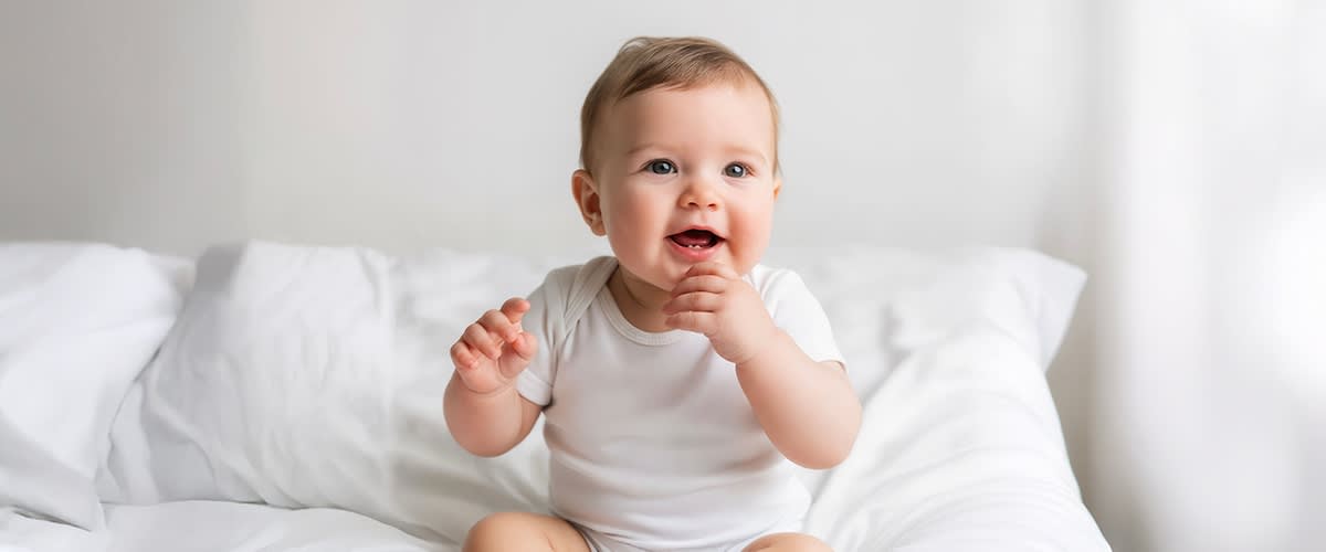 7 Monate altes Baby freut sich über Kuschelhasen.. Bild mithilfe von KI erstellt