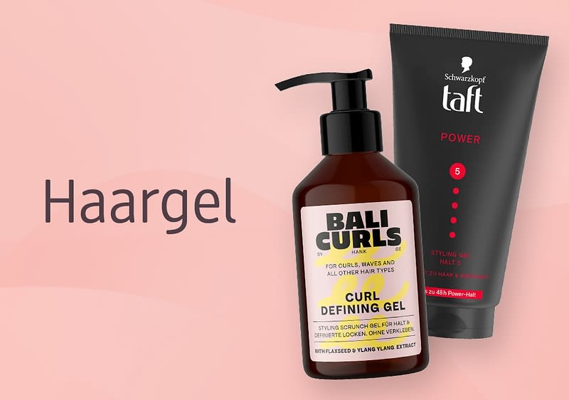Auf rosa Hintergrund links das Wort „Haargel“, daneben zwei Haargel-Verpackungen: vorn eine braune Pumpflasche mit Etikett „Bali Curls Curl Defining Gel“, dahinter eine schwarze Tube „Schwarzkopf taft Power Styling Gel Halt 5“