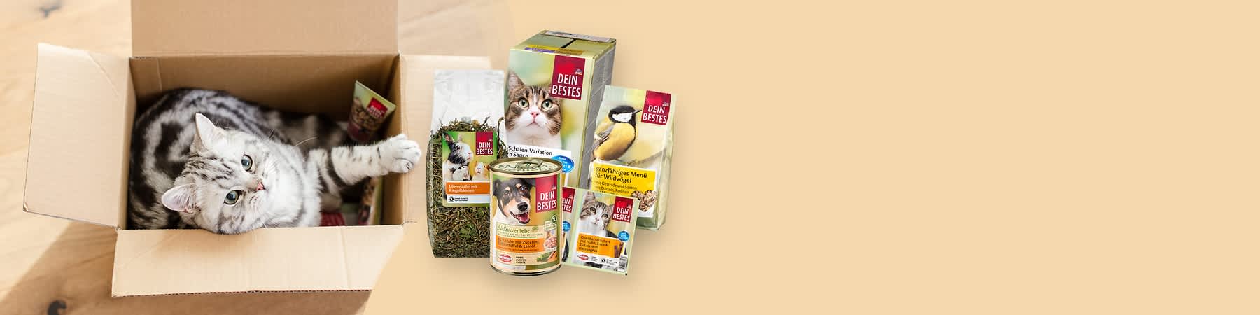 graue getigerte Katze liegt in offenem Karton, daneben mehrere Tierfutterprodukte der Marke „Dein Bestes“: Kartonpackung Katzenfutter mit Katzenbild, Dose mit Nassfutter, Tüte mit Trockenfutter und Paket Heu für Kleintiere, teilweise lesbare Aufschriften „Dein Bestes“ und Produktabbildungen