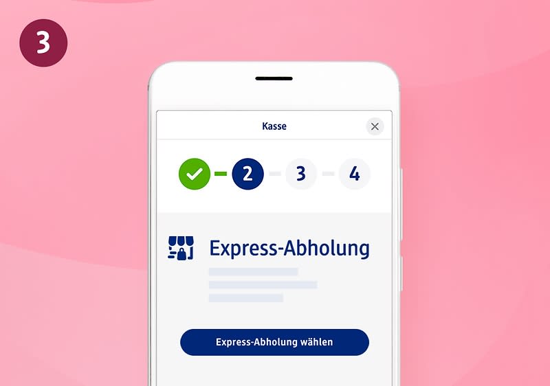 Ein Smartphone-Bildschirm zeigt eine App mit einem Bestellprozess in vier Schritten. Schritt zwei ist hervorgehoben. Darunter steht „Express-Abholung“ mit einem blauen Button „Express-Abholung wählen“ auf rosa Hintergrund.
